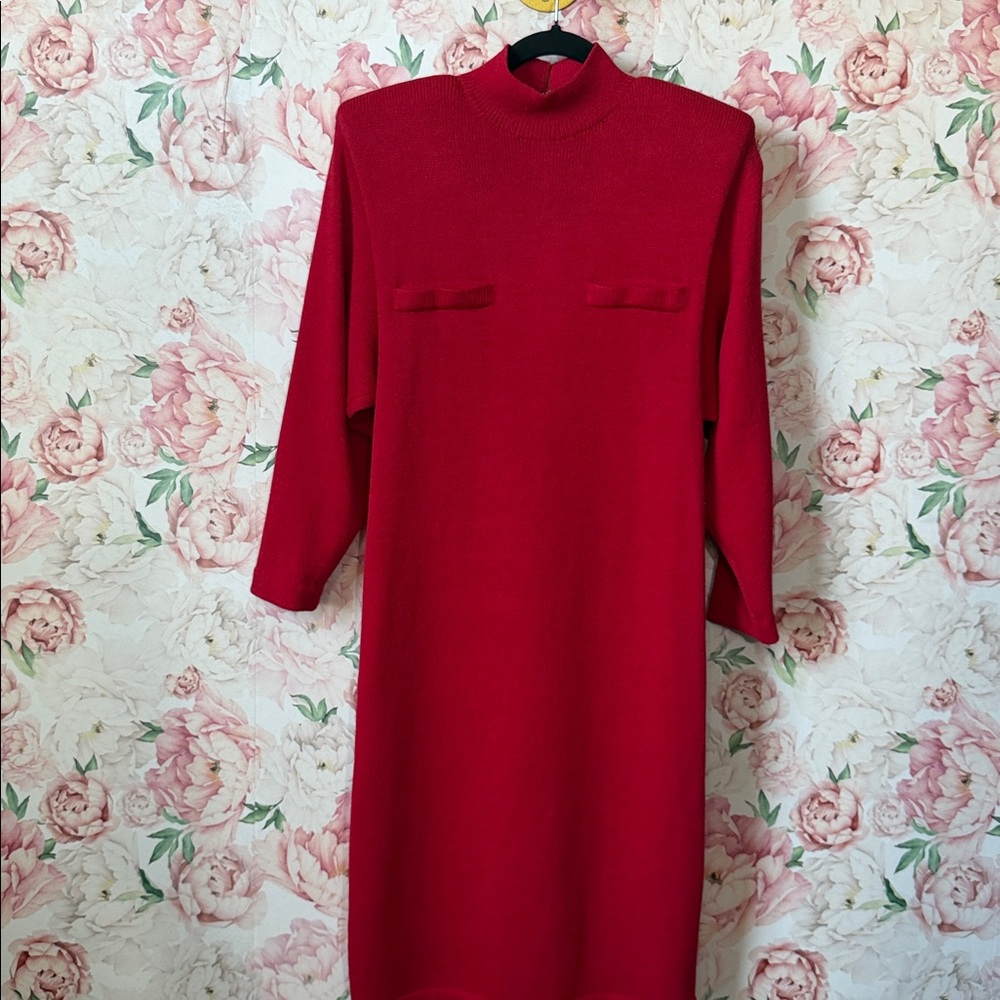 EUC St John Marie Gray RED Santana Knit Shoulder Pads Midi Shift Dress Formal 10 - Picture 3 of 9